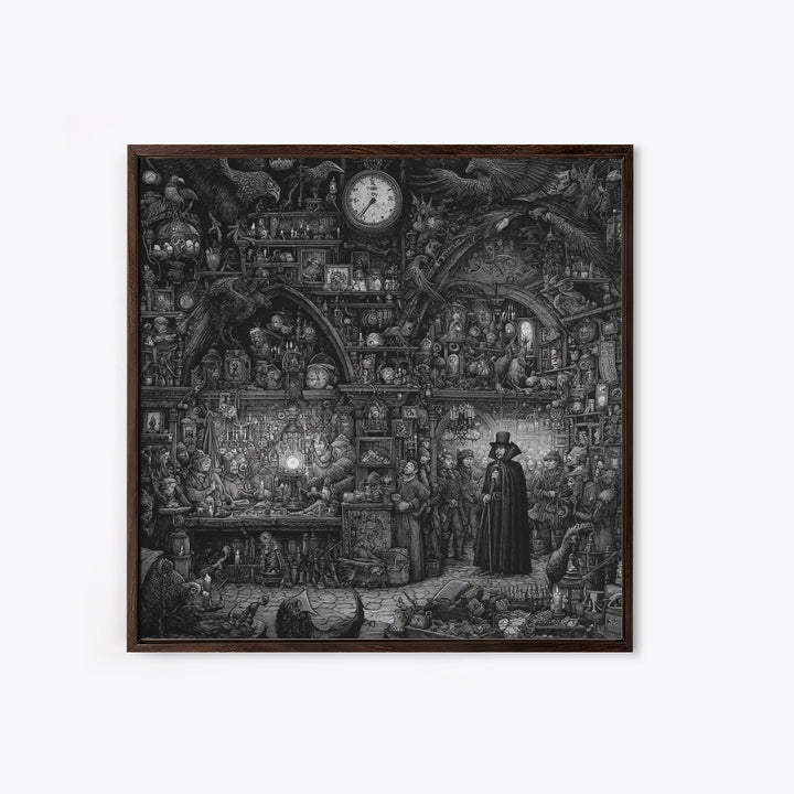 The Midnight Antique Shop, Renaissance Engraving Art, Square Wall Art, Dark Fantasy Wall Art, Framed Canvas Print, Halloween Wall Art
