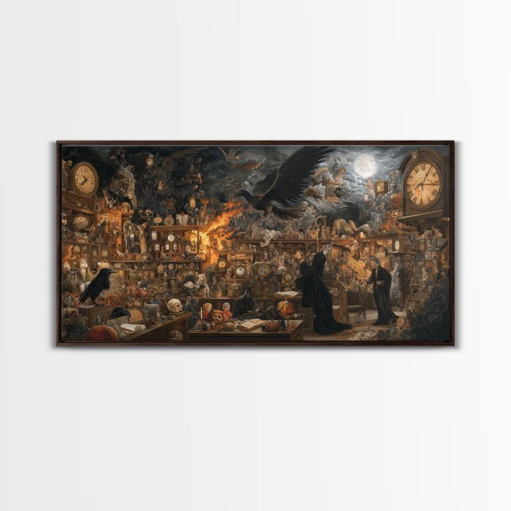 The Midnight Antique Shop, Visionary Gothic Art, Wide Panoramic Art, Gothic Horror Wall Art, Framed Canvas Print, Halloween Wall Art
