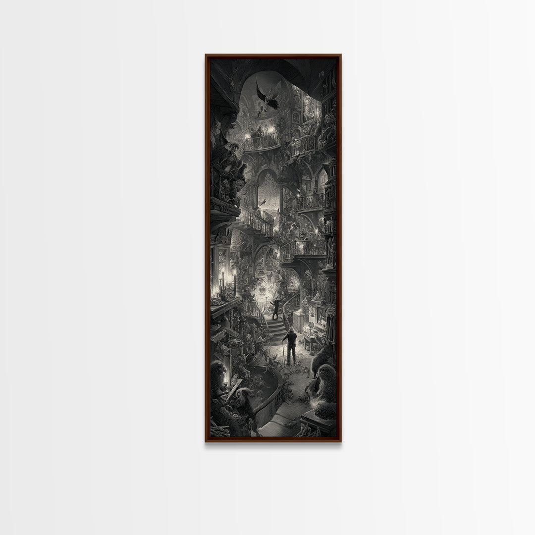 The Midnight Antique Shop, Architectural Etching Art, Tall Narrow Wall Art, Dark Halloween Decor, Canvas Print