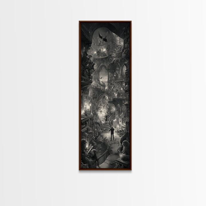 The Midnight Antique Shop, Architectural Etching Art, Tall Narrow Wall Art, Dark Halloween Decor, Canvas Print