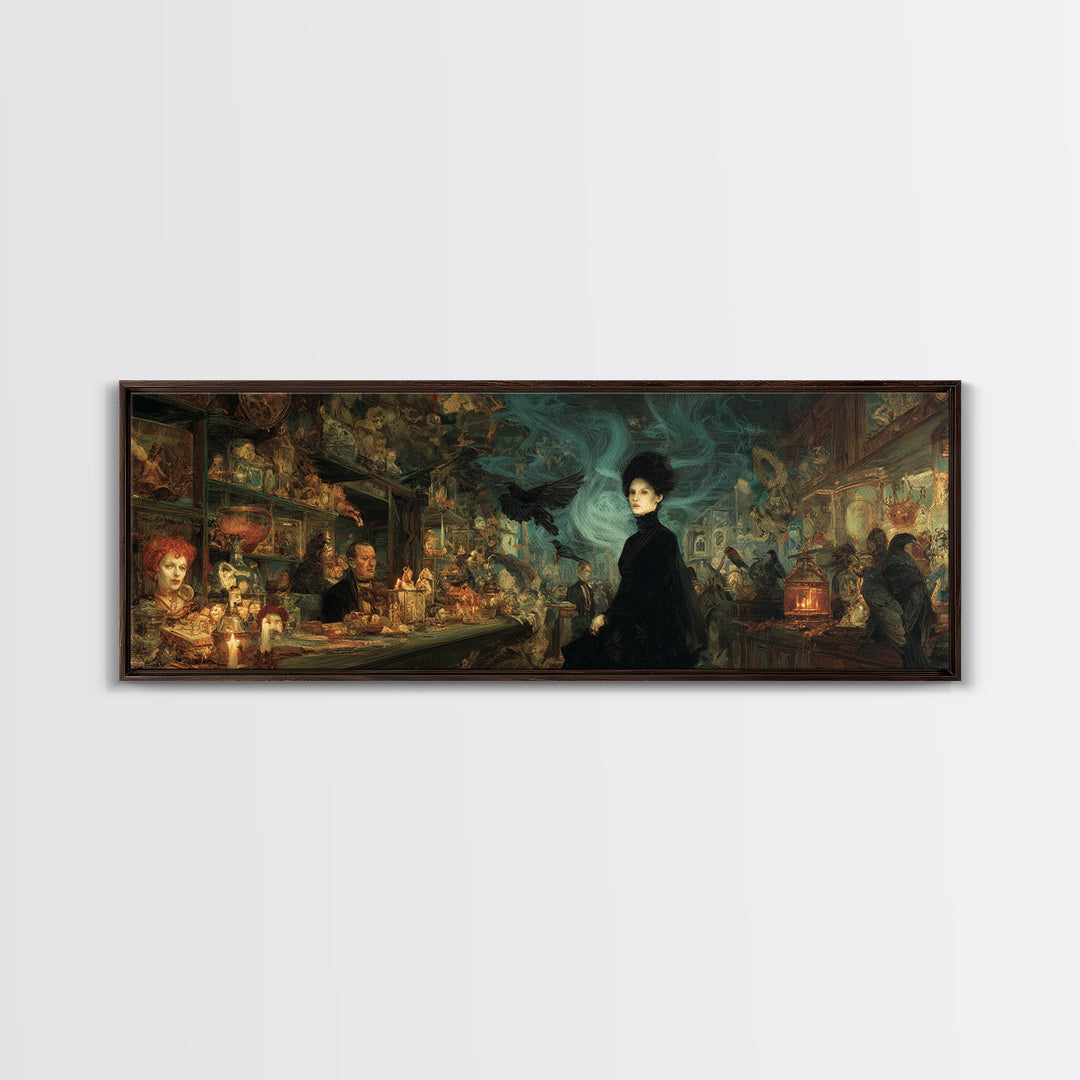 The Midnight Antique Shop, Expressionist Gothic Art, Extra Wide Wall Art, Dark Halloween Decor, Framed Canvas Print, Halloween Wall Art