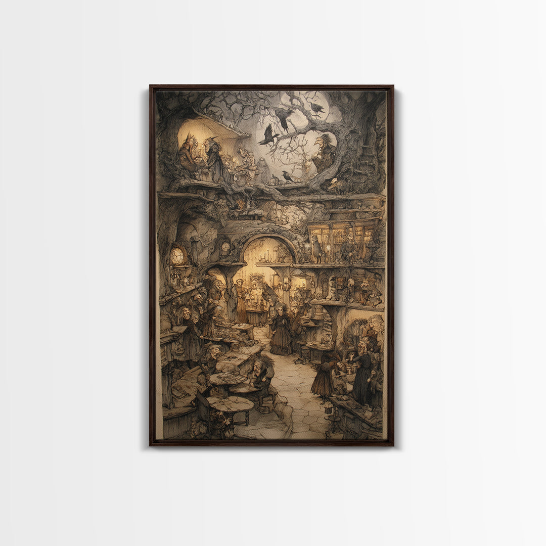 The Midnight Antique Shop, Gothic Storybook Art, Vertical Wall Art, Dark Fantasy Wall Art, Framed Canvas Print, Halloween Wall Art