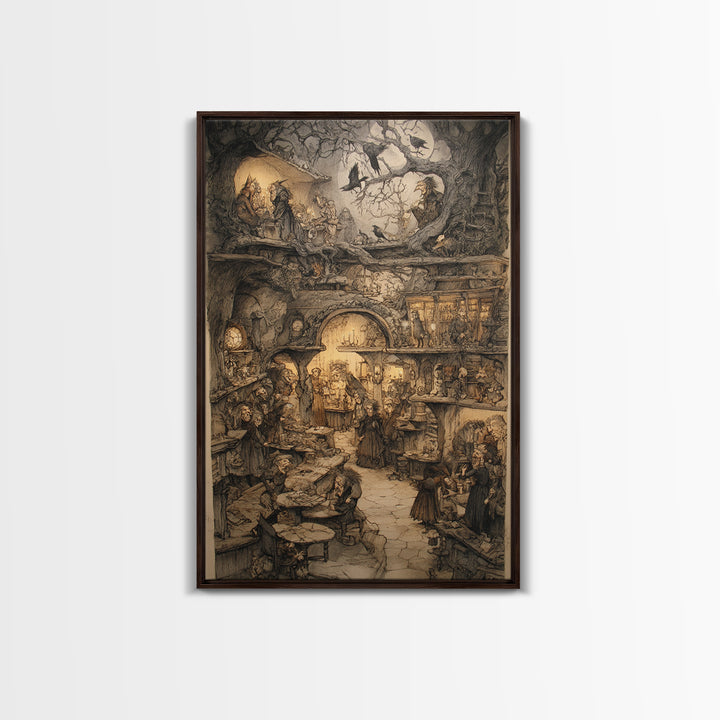 The Midnight Antique Shop, Gothic Storybook Art, Vertical Wall Art, Dark Fantasy Wall Art, Framed Canvas Print, Halloween Wall Art
