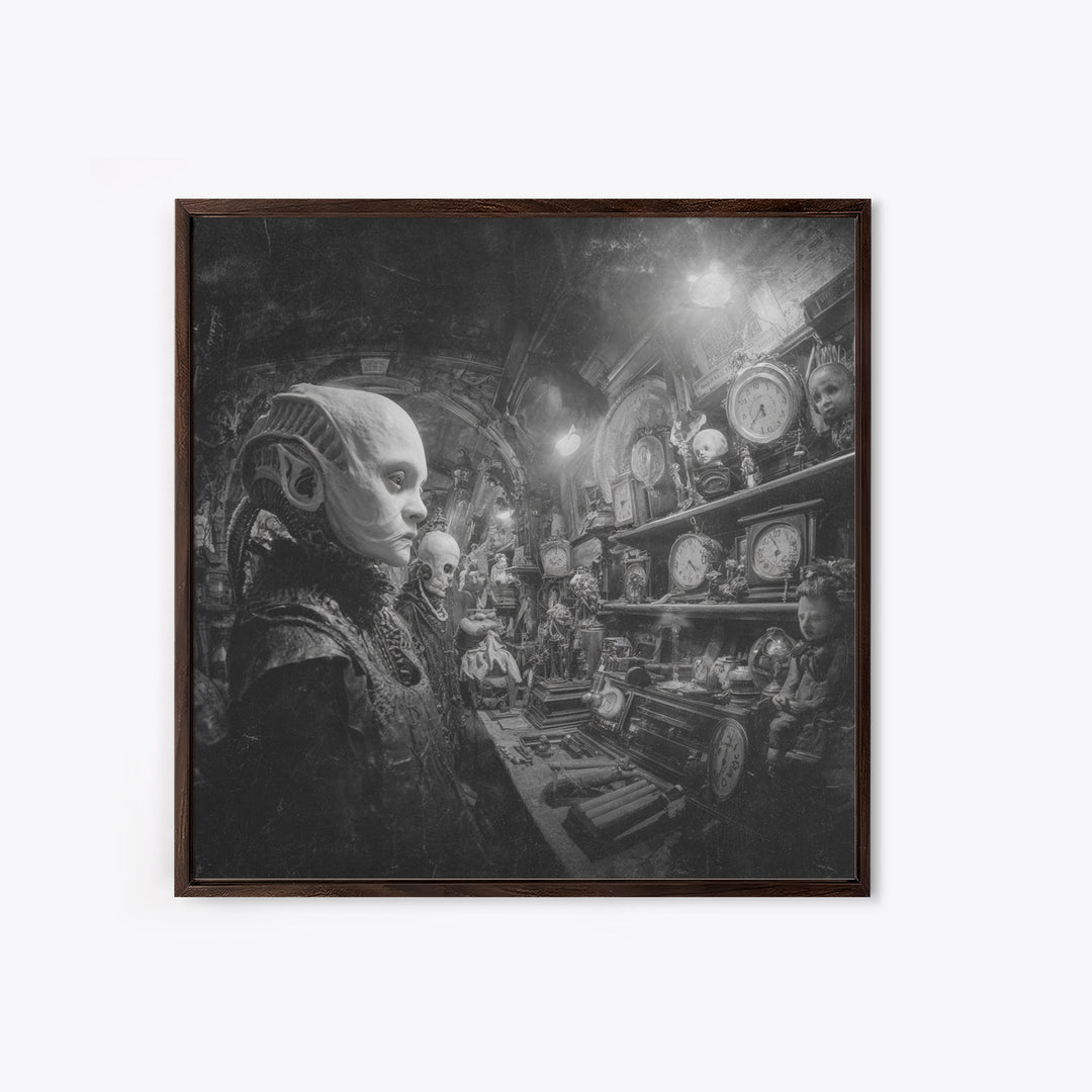 The Midnight Antique Shop, Biomechanical Horror Art, Square Wall Art, Macabre Wall Art, Framed Canvas Print, Halloween Wall Art