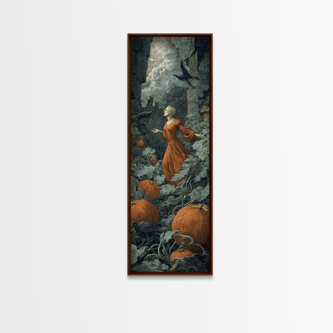 The Pumpkin Patch Maze, Gothic Engraving Art, Tall Narrow Wall Art, Macabre Wall Art, Framed Canvas Print, Halloween Wall Art
