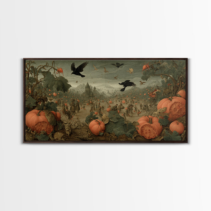 The Pumpkin Patch Maze, Northern Renaissance Horror, Wide Panoramic Art, Macabre Wall Art, Framed Canvas Print, Halloween Wall Art