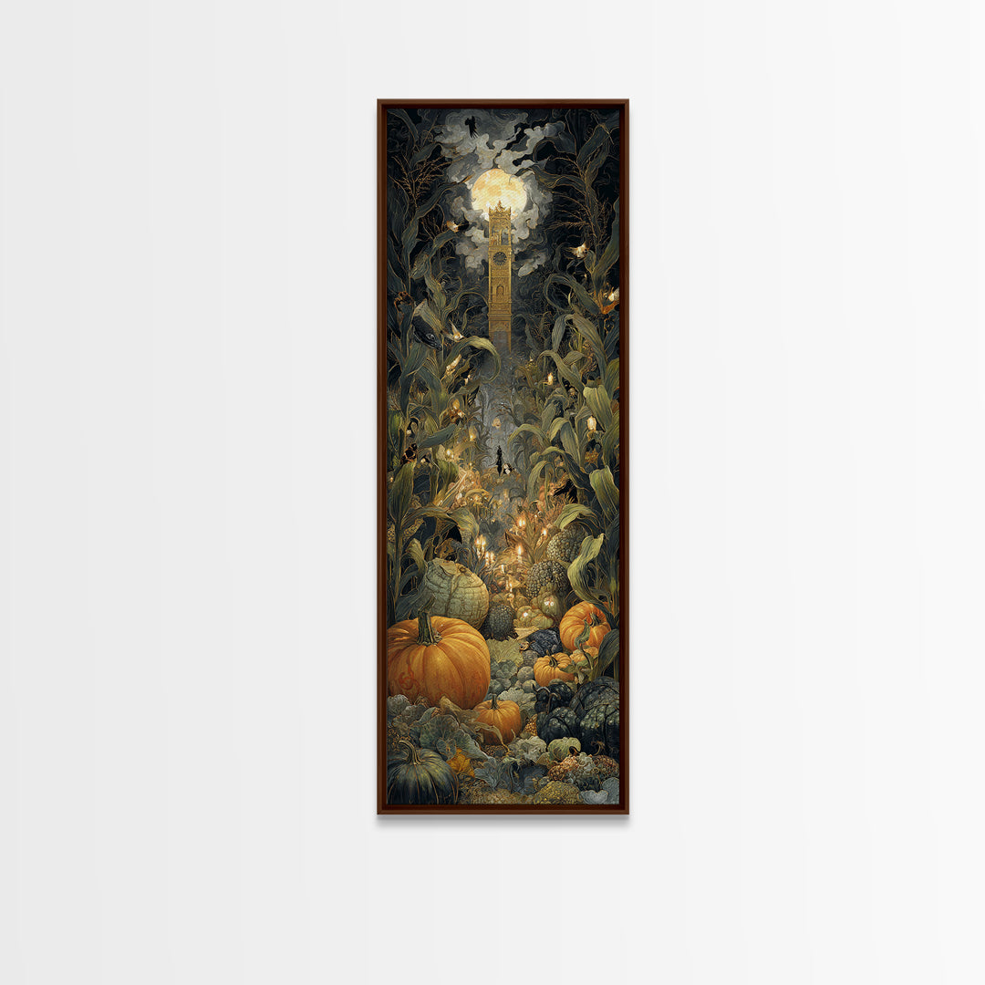 The Pumpkin Patch Maze, Ornate Symbolist Art, Tall Narrow Wall Art, Dark Halloween Decor, Canvas Print, Halloween Wall Art