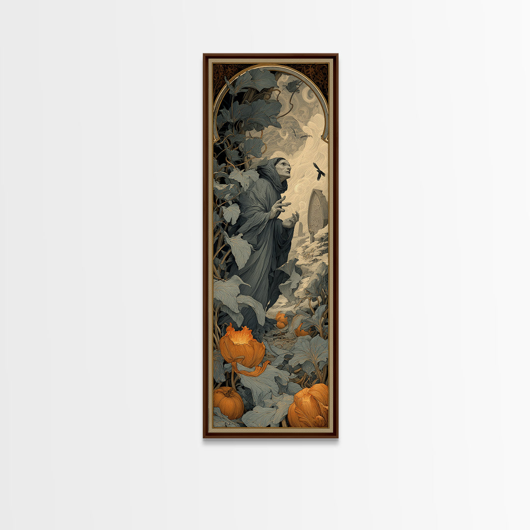 The Pumpkin Patch Maze, Symbolist Death Art, Tall Narrow Wall Art, Dark Fantasy Wall Art, Canvas Print, Halloween Wall Art