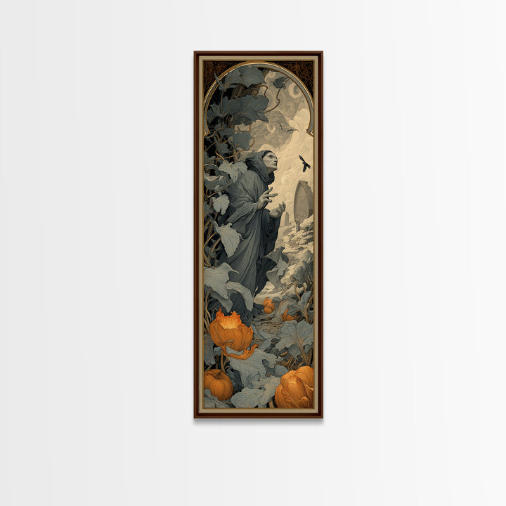 The Pumpkin Patch Maze, Symbolist Death Art, Tall Narrow Wall Art, Dark Fantasy Wall Art, Canvas Print, Halloween Wall Art