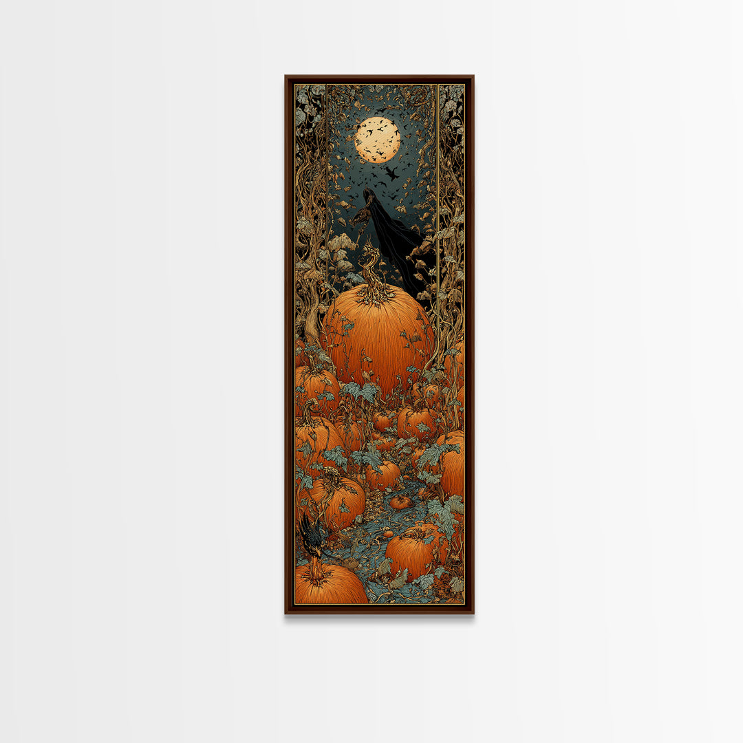The Pumpkin Patch Maze, Stained Glass Gothic Art, Tall Narrow Wall Art, Gothic Horror Wall Art, Framed Canvas Print, Halloween Wall Art