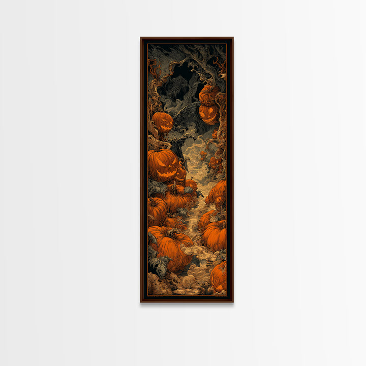 The Pumpkin Patch Maze, Biomechanical Horror Art, Tall Narrow Wall Art, Dark Halloween Decor, Framed Canvas Print, Halloween Wall Art