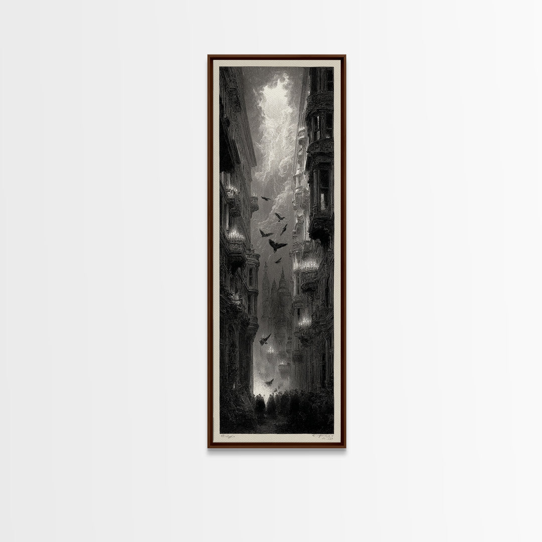 The Haunted Hotel, Gothic Engraving Art, Tall Narrow Wall Art, Dark Halloween Decor, Canvas Print, Halloween Wall Art, Macabre Wall Art