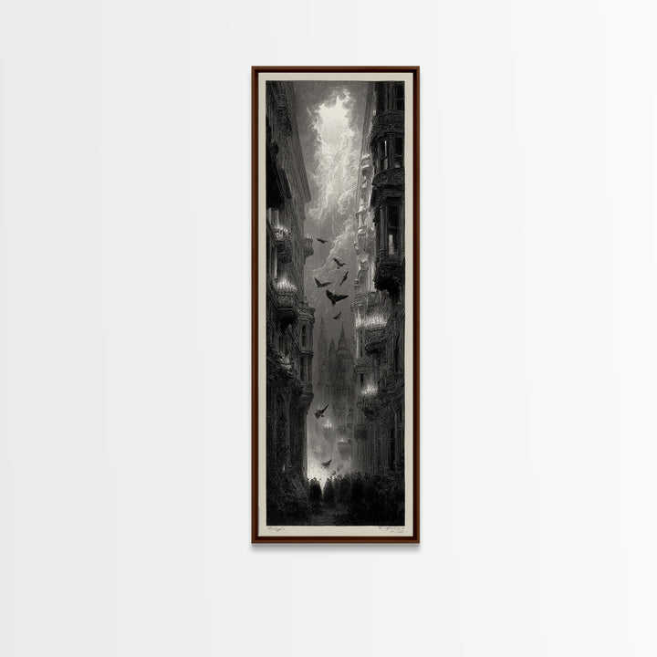 The Haunted Hotel, Gothic Engraving Art, Tall Narrow Wall Art, Dark Halloween Decor, Canvas Print, Halloween Wall Art, Macabre Wall Art