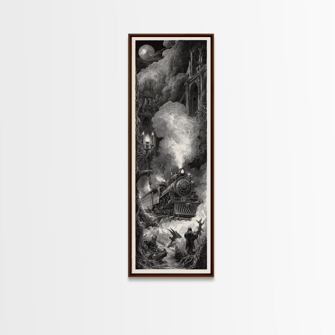 The Abandoned Train Station, Gothic Engraving Art, Tall Narrow Wall Art, Dark Halloween Decor, Canvas Print, Halloween Wall Art