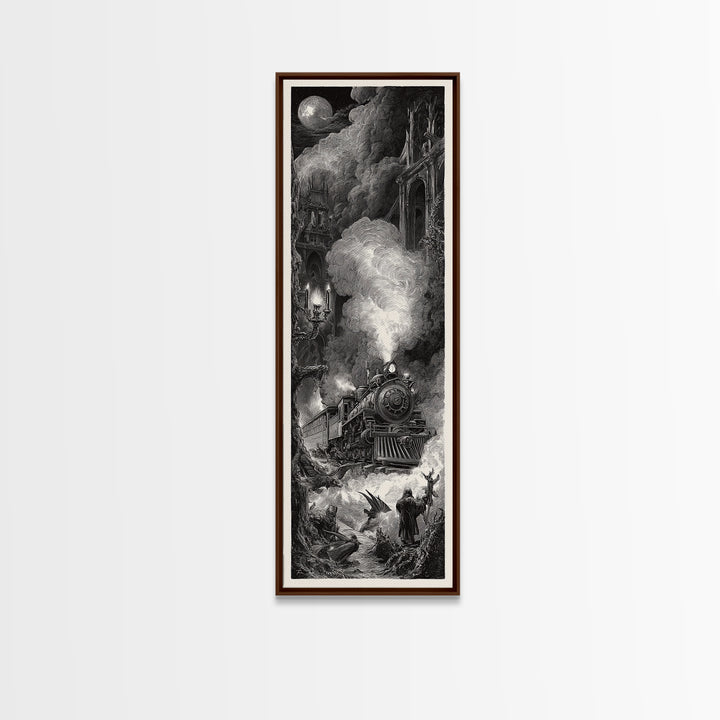 The Abandoned Train Station, Gothic Engraving Art, Tall Narrow Wall Art, Dark Halloween Decor, Canvas Print, Halloween Wall Art