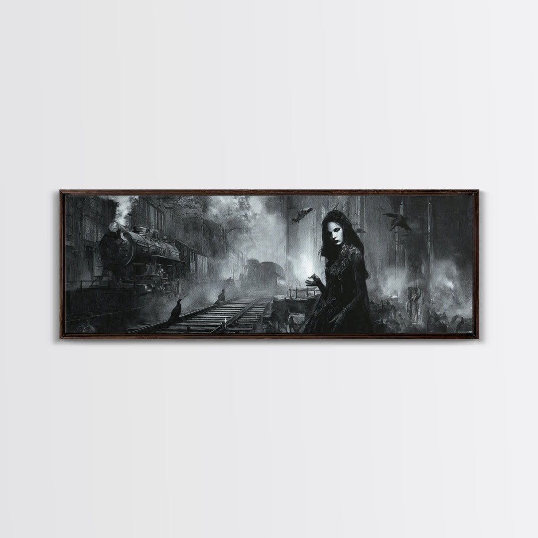 The Abandoned Train Station, Renaissance Engraving Art, Extra Wide Wall Art, Dark Halloween Decor, Canvas Print, Halloween Wall Art
