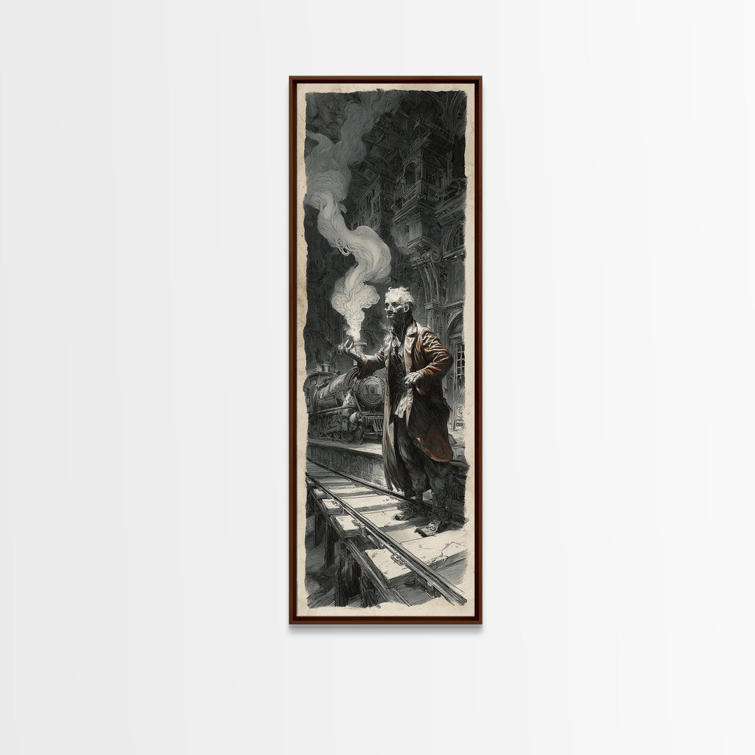 The Abandoned Train Station, Architectural Etching Art, Tall Narrow Wall Art, Gothic Horror Wall Art, Canvas Print