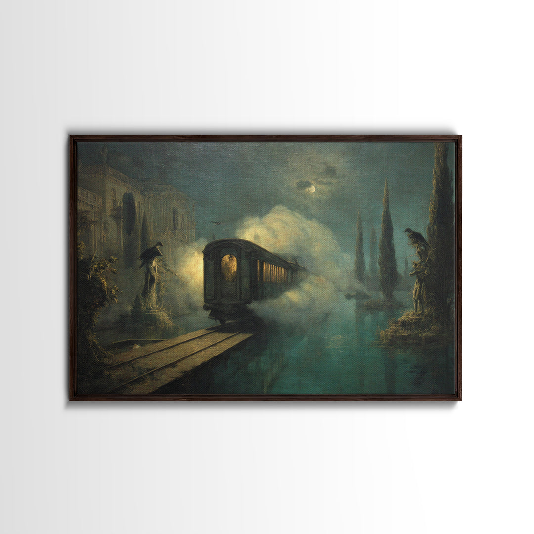 The Abandoned Train Station, Symbolist Gothic Landscape, Landscape Wall Art, Dark Halloween Decor, Framed Canvas Print, Halloween Wall Art
