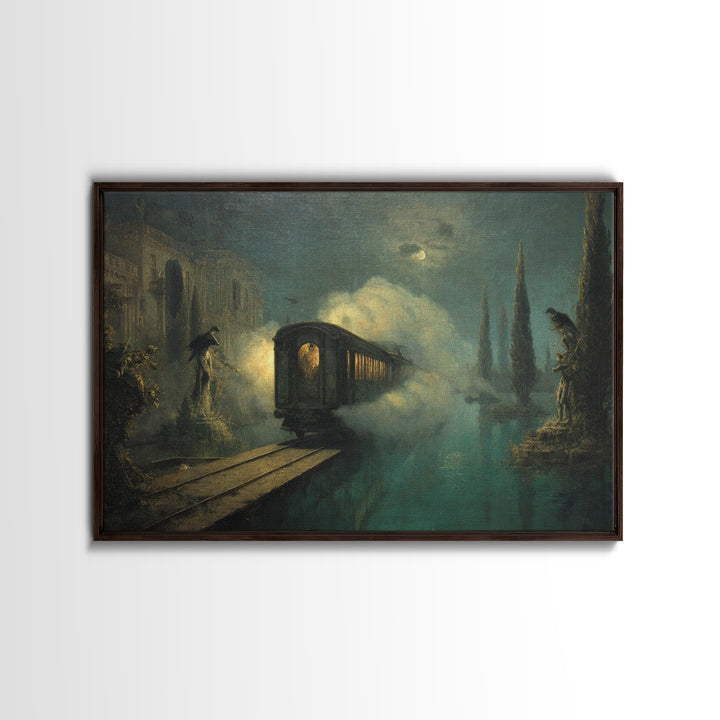 The Abandoned Train Station, Symbolist Gothic Landscape, Landscape Wall Art, Dark Halloween Decor, Framed Canvas Print, Halloween Wall Art