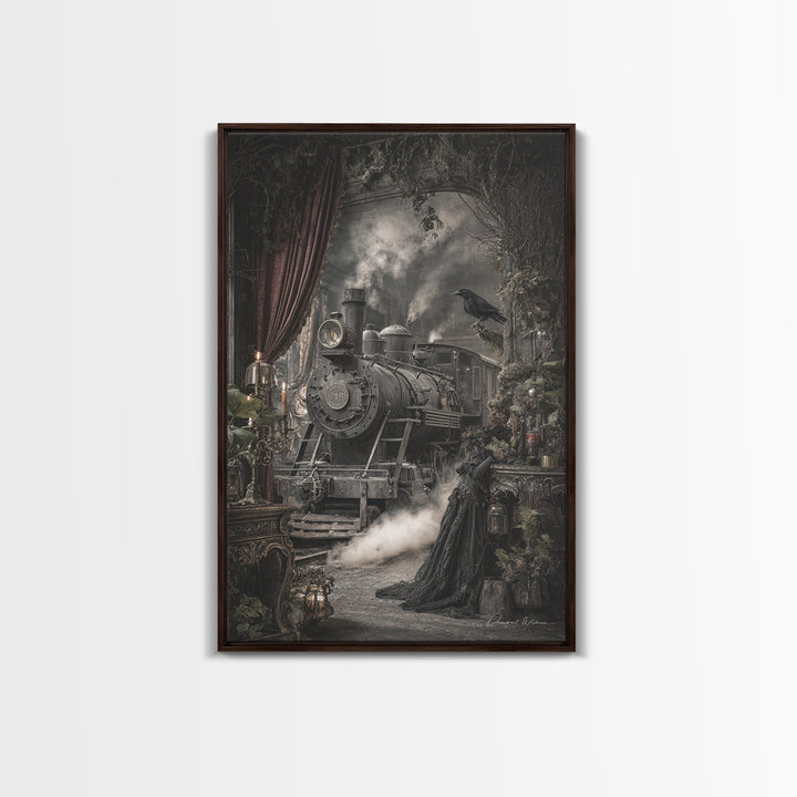The Abandoned Train Station, Ornate Symbolist Art, Vertical Wall Art, Macabre Wall Art, Canvas Print, Halloween Wall Art