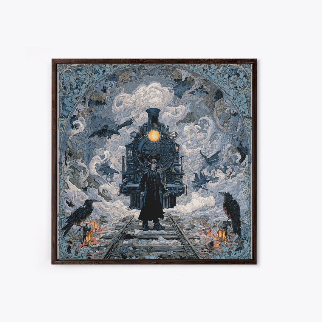 The Abandoned Train Station, Symbolist Etching Art, Square Wall Art, Macabre Wall Art, Framed Canvas Print, Halloween Wall Art