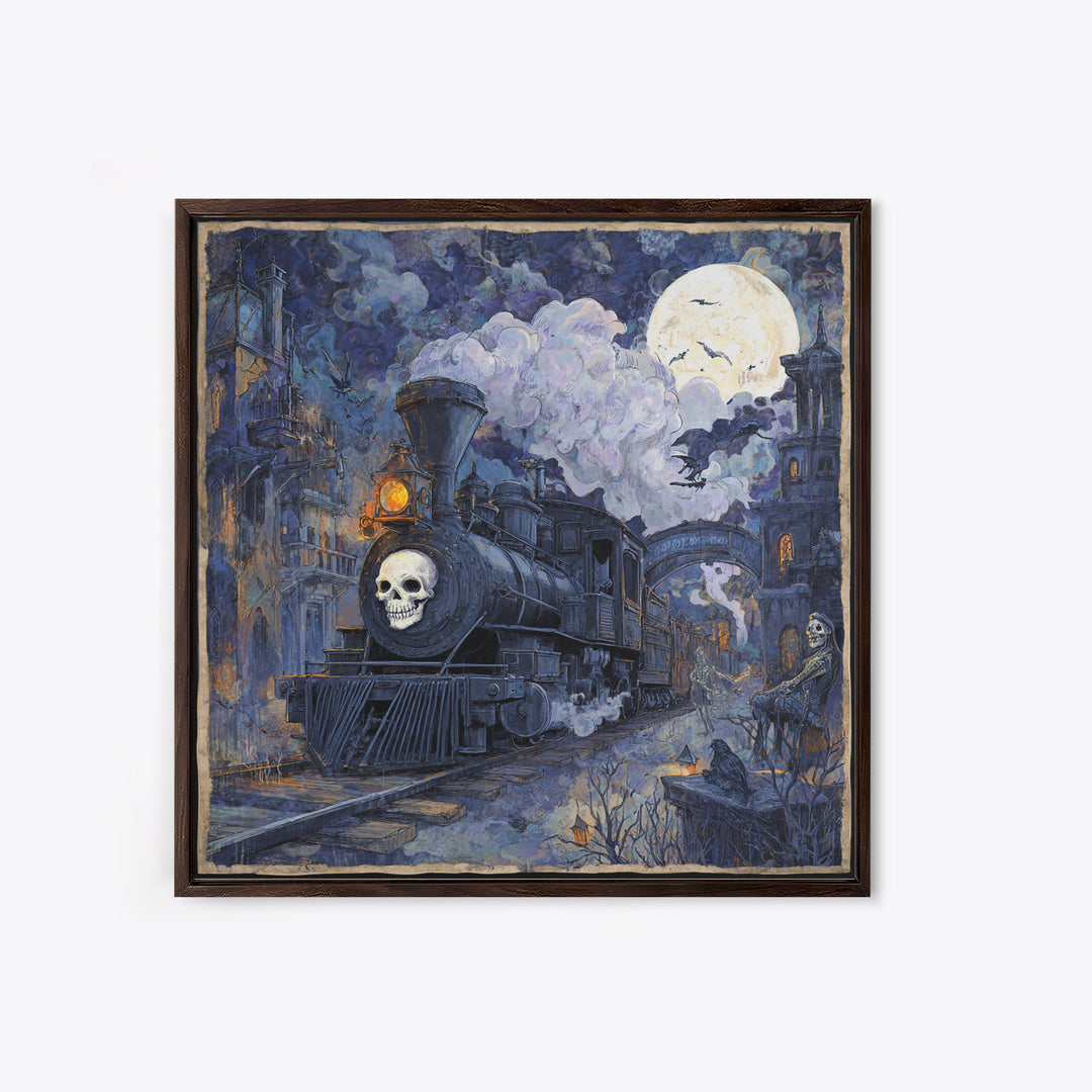 The Abandoned Train Station, Macabre Folk Print Art, Square Wall Art, Dark Halloween Decor, Canvas Print, Halloween Wall Art