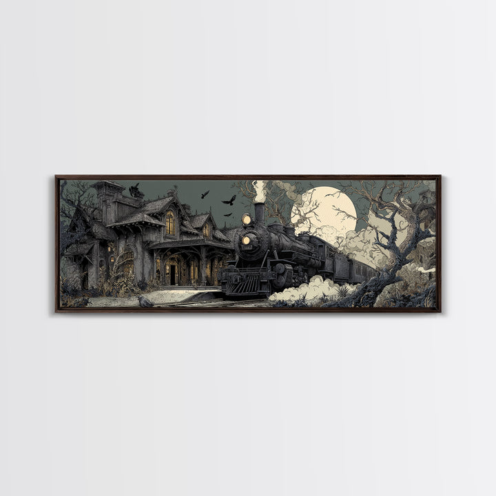 The Abandoned Train Station, Victorian Macabre Art, Extra Wide Wall Art, Dark Halloween Decor, Framed Canvas Print, Halloween Wall Art
