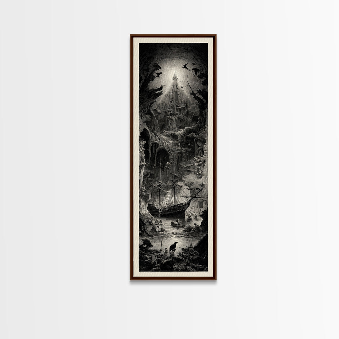 The Shipwreck Cove, Gothic Engraving Art, Tall Narrow Wall Art, Dark Fantasy Wall Art, Canvas Print, Halloween Wall Art