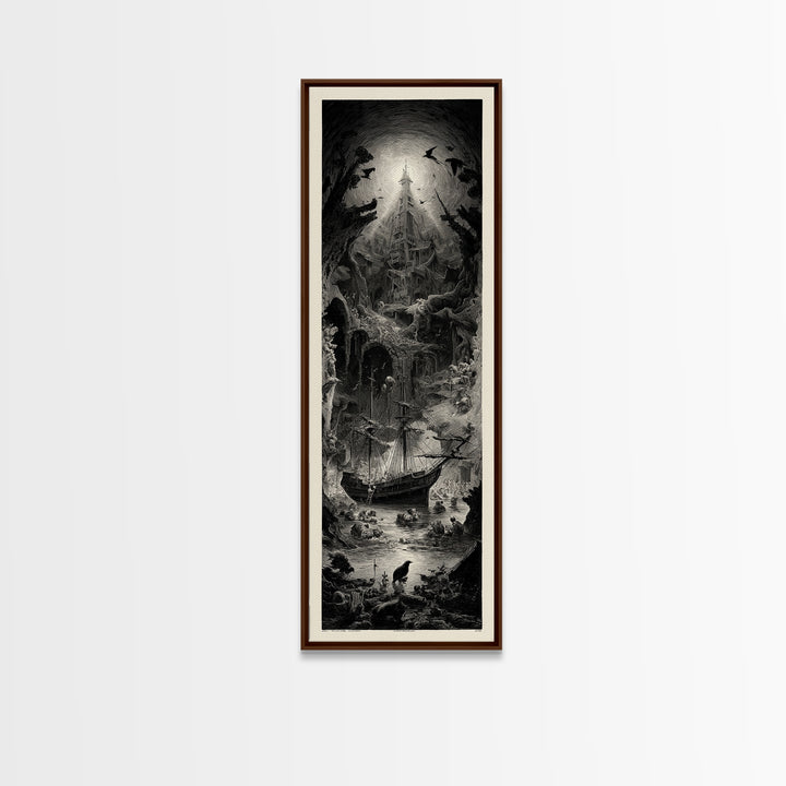The Shipwreck Cove, Gothic Engraving Art, Tall Narrow Wall Art, Dark Fantasy Wall Art, Canvas Print, Halloween Wall Art