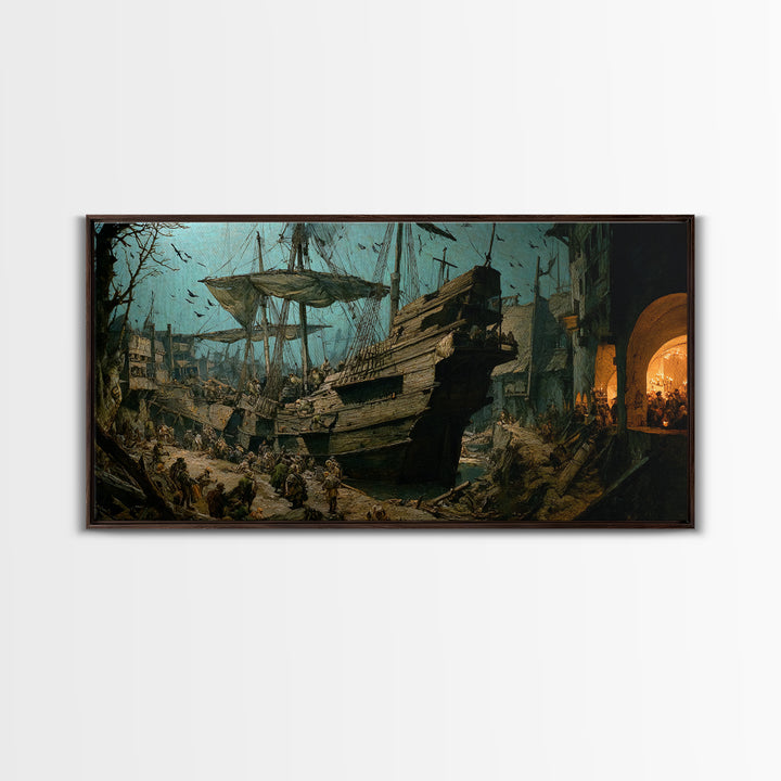 The Shipwreck Cove, Northern Renaissance Horror, Wide Panoramic Art, Dark Halloween Decor, Canvas Print, Halloween Wall Art