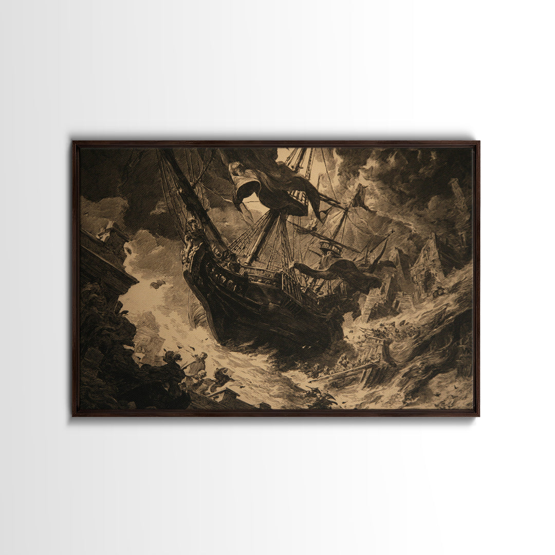 The Shipwreck Cove, Architectural Etching Art, Landscape Wall Art, Dark Halloween Decor, Framed Canvas Print, Macabre Wall Art