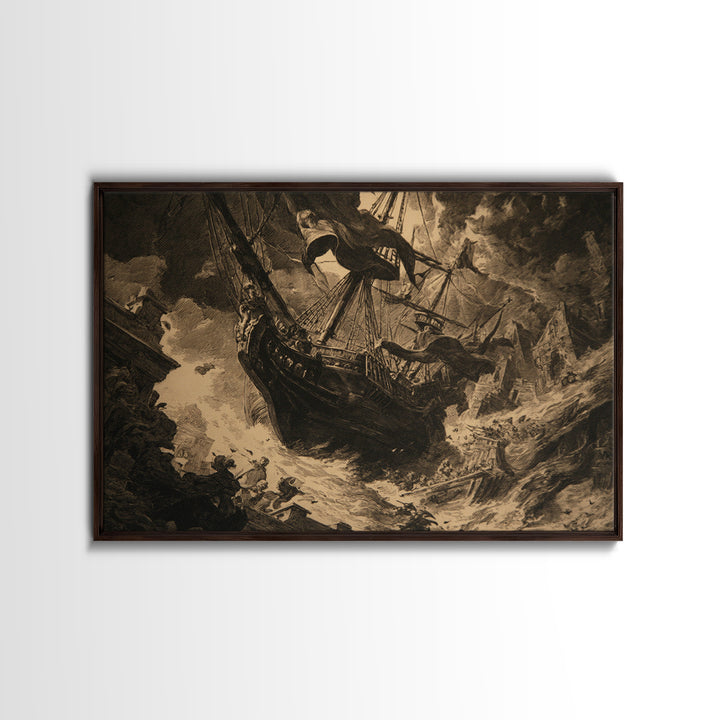 The Shipwreck Cove, Architectural Etching Art, Landscape Wall Art, Dark Halloween Decor, Framed Canvas Print, Macabre Wall Art