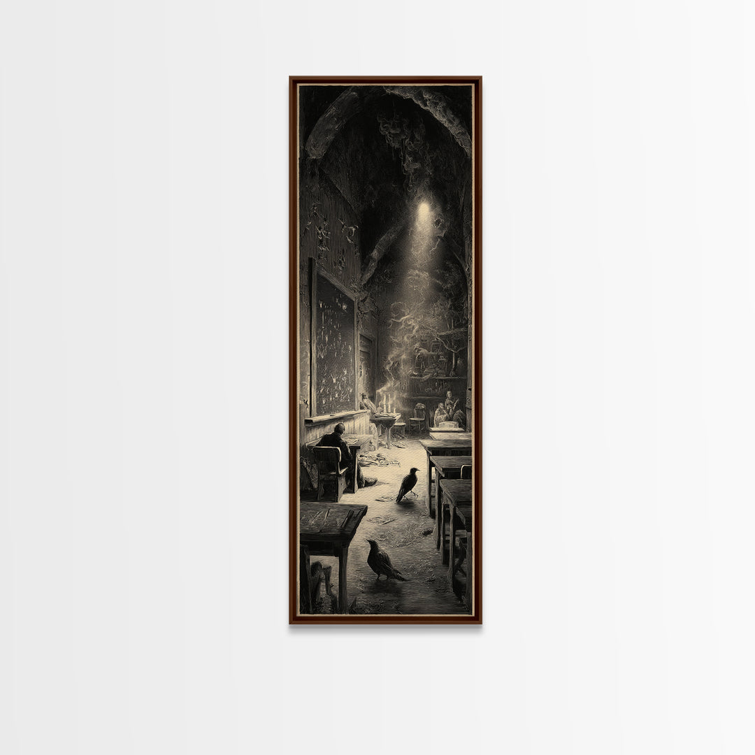 The Silent Schoolhouse, Gothic Engraving Art, Tall Narrow Wall Art, Gothic Horror Wall Art, Framed Canvas Print, Halloween Wall Art