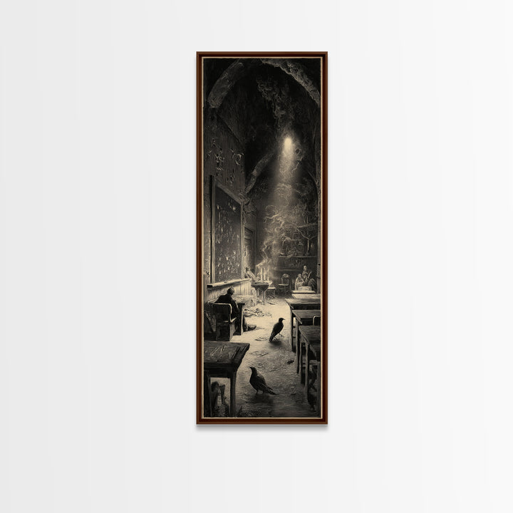 The Silent Schoolhouse, Gothic Engraving Art, Tall Narrow Wall Art, Gothic Horror Wall Art, Framed Canvas Print, Halloween Wall Art