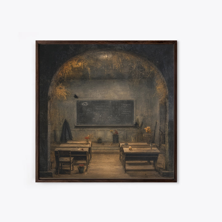The Silent Schoolhouse, Symbolist Dream Art, Square Wall Art, Dark Halloween Decor, Framed Canvas Print, Halloween Wall Art