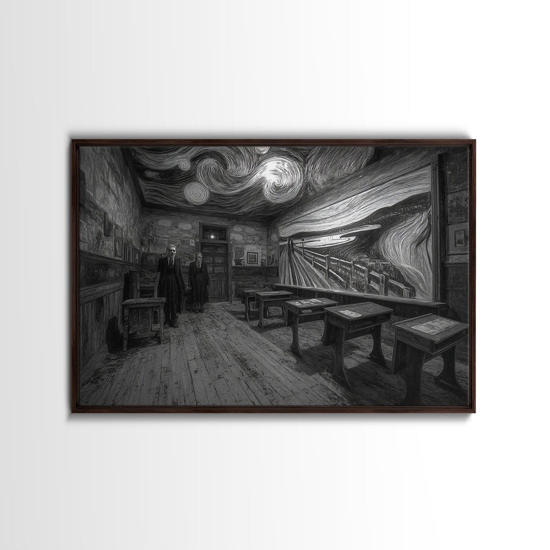 The Silent Schoolhouse, Expressionist Gothic Art, Landscape Wall Art, Dark Halloween Decor, Framed Canvas Print, Halloween Wall Art