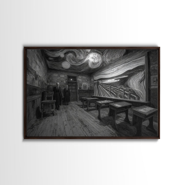 The Silent Schoolhouse, Expressionist Gothic Art, Landscape Wall Art, Dark Halloween Decor, Framed Canvas Print, Halloween Wall Art