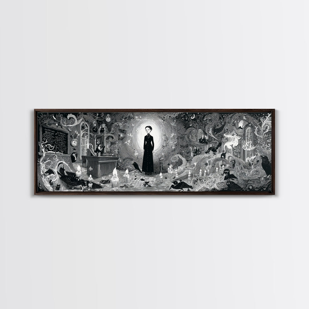 The Silent Schoolhouse, Decadent Line Art, Extra Wide Wall Art, Macabre Wall Art, Canvas Print, Halloween Wall Art