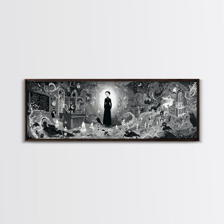 The Silent Schoolhouse, Decadent Line Art, Extra Wide Wall Art, Macabre Wall Art, Canvas Print, Halloween Wall Art
