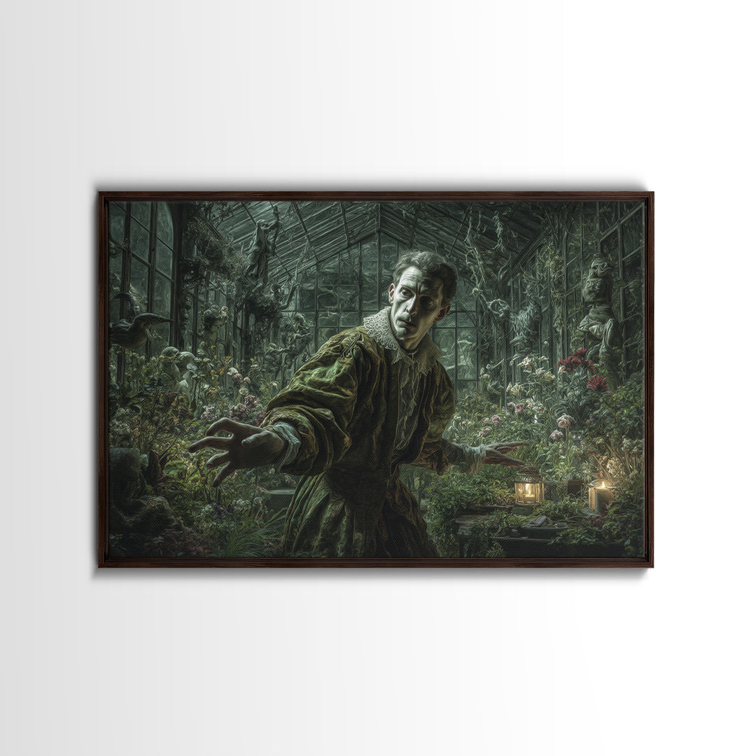 The Cemetery Greenhouse, Medieval Grotesque Art, Landscape Wall Art, Macabre Wall Art, Framed Canvas Print, Halloween Wall Art