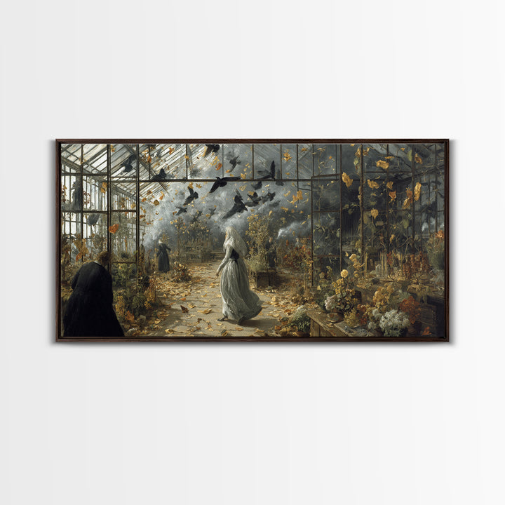 The Cemetery Greenhouse, Northern Renaissance Horror, Wide Panoramic Art, Dark Halloween Decor, Framed Canvas Print
