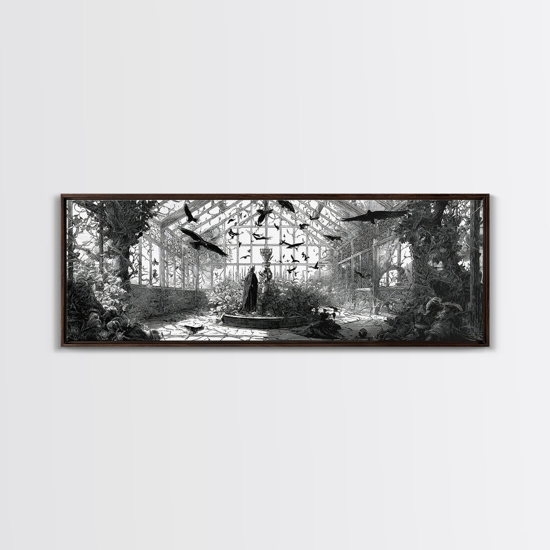 The Cemetery Greenhouse, Renaissance Engraving Art, Extra Wide Wall Art, Dark Fantasy Wall Art, Canvas Print, Halloween Wall Art