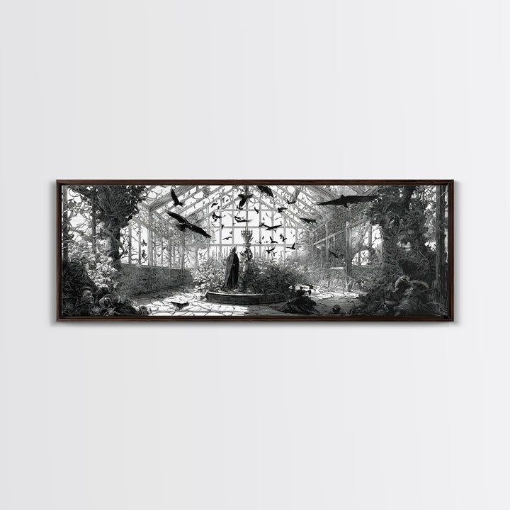 The Cemetery Greenhouse, Renaissance Engraving Art, Extra Wide Wall Art, Dark Fantasy Wall Art, Canvas Print, Halloween Wall Art