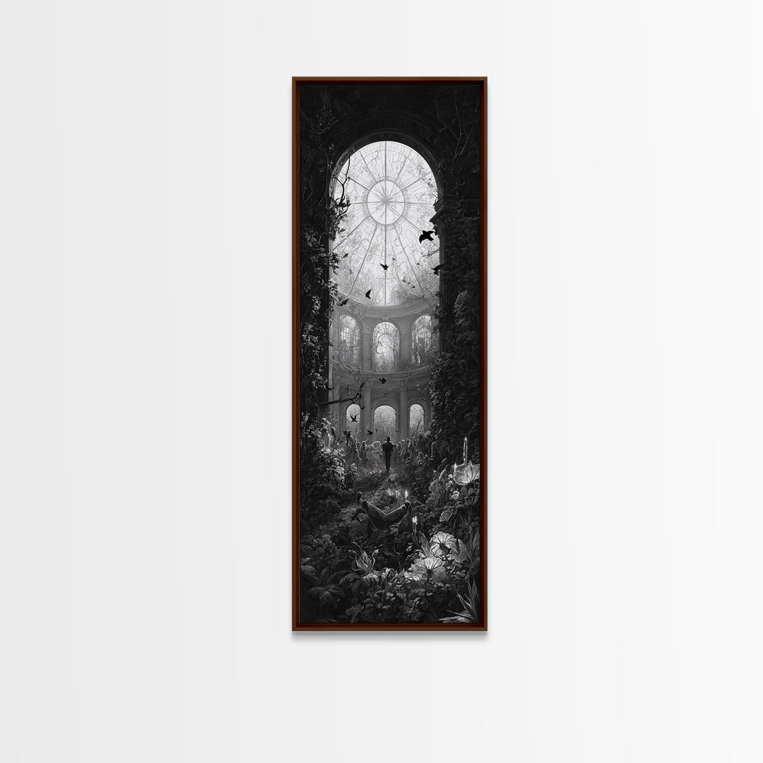 The Cemetery Greenhouse, Architectural Etching Art, Tall Narrow Wall Art, Dark Halloween Decor, Framed Canvas Print