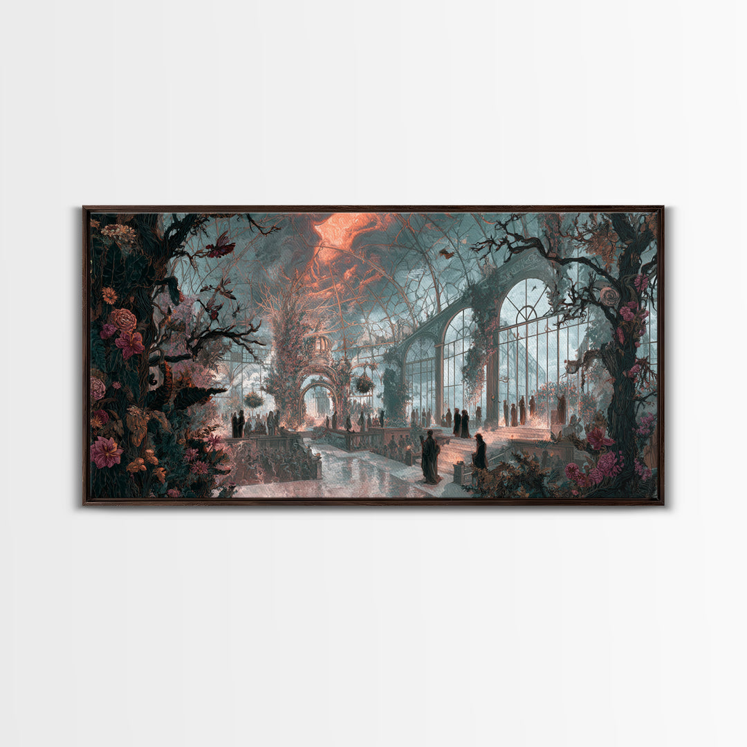 The Cemetery Greenhouse, Apocalyptic Romantic Art, Wide Panoramic Art, Macabre Wall Art, Canvas Print, Halloween Wall Art