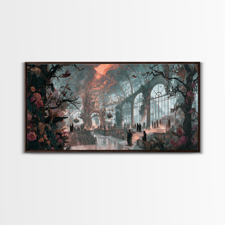 The Cemetery Greenhouse, Apocalyptic Romantic Art, Wide Panoramic Art, Macabre Wall Art, Canvas Print, Halloween Wall Art
