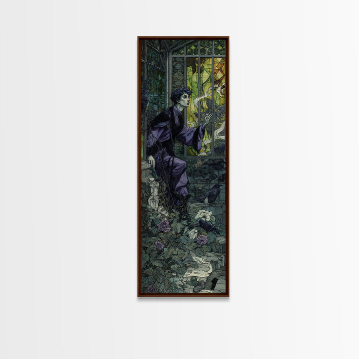 The Cemetery Greenhouse, Stained Glass Gothic Art, Tall Narrow Wall Art, Dark Halloween Decor, Framed Canvas Print, Halloween Wall Art