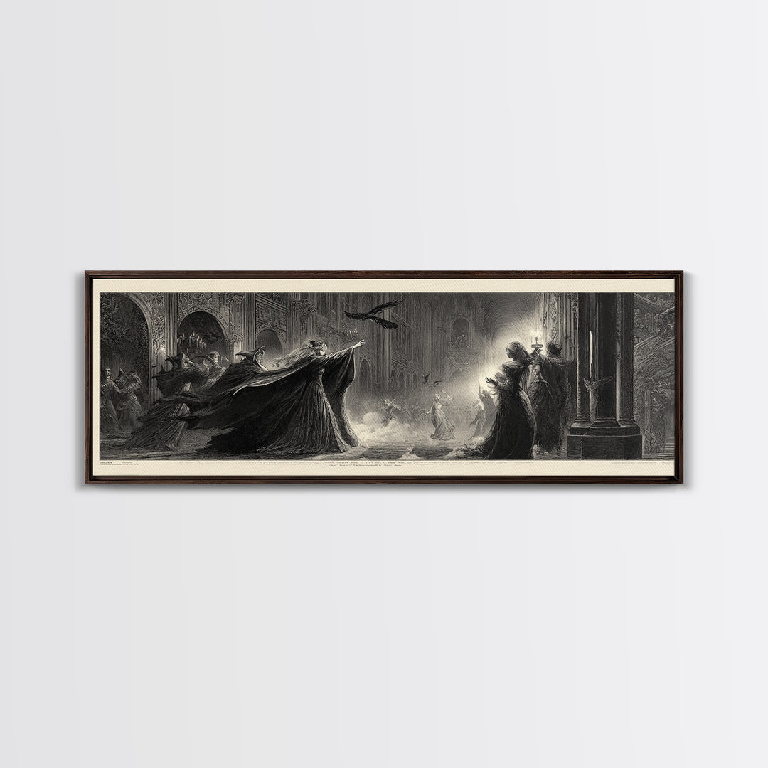 The Midnight Masquerade, Gothic Engraving Art, Extra Wide Wall Art, Dark Fantasy Wall Art, Canvas Print, Halloween Wall Art