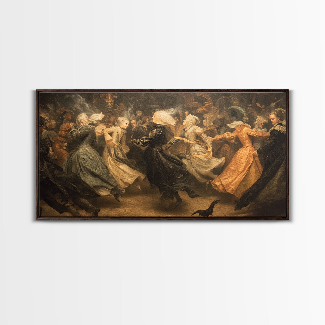 The Midnight Masquerade, Medieval Grotesque Art, Wide Panoramic Art, Gothic Horror Wall Art, Framed Canvas Print, Halloween Wall Art