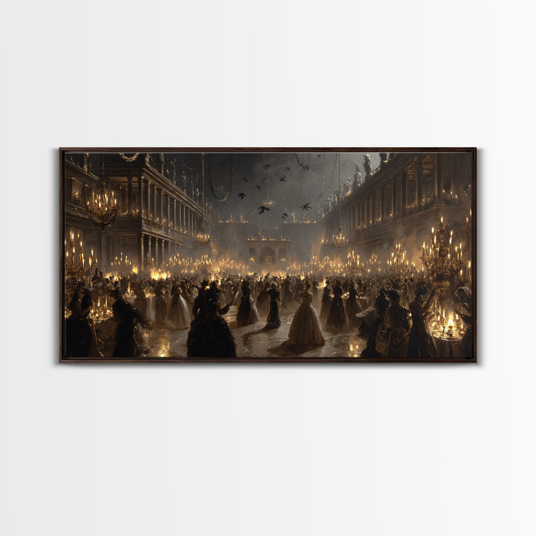 The Midnight Masquerade, Architectural Etching Art, Wide Panoramic Art, Macabre Wall Art, Canvas Print, Halloween Wall Art